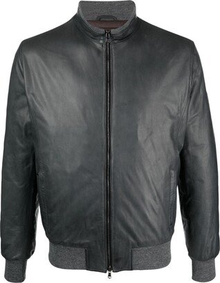 High-Neck Zipped Leather Jacket-AA