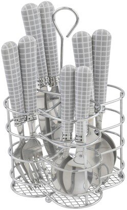 Bistro Geometric Grid Stainless Steel 16 Piece Flatware Set, Service for 4 - Cool-Toned Gray, White