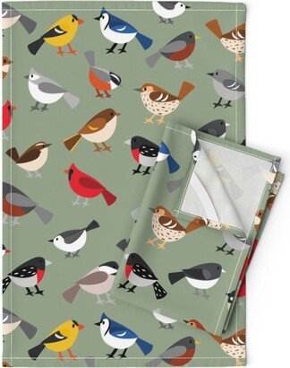 Birds Tea Towels | Set Of 2 - Busy Bird Feeder By Shinyhappyworld Cardinal Finch Robin Sparrow Red Linen Cotton Spoonflower