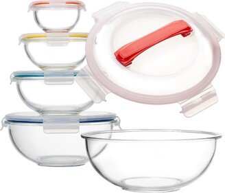 Genicook 5 Pc Container Nesting Borosilicate Glass Mixing Bowl Set with Locking Lids and Carry Handle