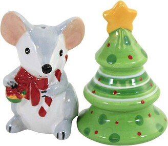 GANZ Tabletop Mouse And Tree S & P Shaker - One Set Salt And Pepper Shaker 3.25 Inches - Christmas Candy Cane - Mx180549 - Ceramic - Multicolored