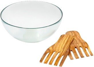 Recycled Glass, 12 x 6 Urban Salad Bowl & Olive Wood Server Hands - Clear