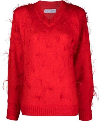 feather V-neck fine-knit jumper