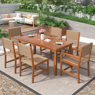 7 Piece Outdoor Wood Rattan Dining Table Set with 6 Chairs