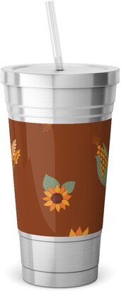 Travel Mugs: Corn & Sunflowers Stainless Tumbler With Straw, 18Oz, Brown