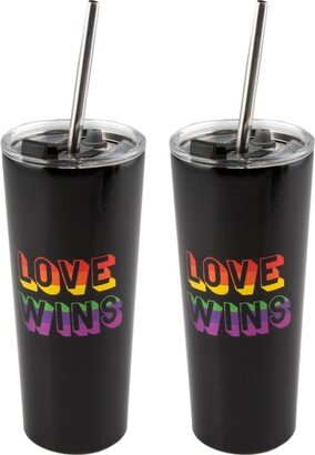 Double Wall 2 Pack of 24 oz Black Straw Tumblers with Metallic Love Wins Decal