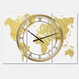 Designart Golden Map of the Earth Large Fashion 3 Panels Wall Clock - 23