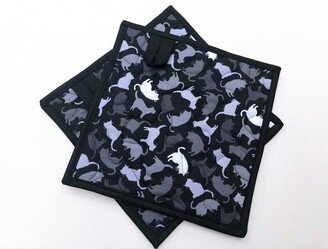 Cat Quilted Fabric Pot Holders in Black, Grey & White, Choice Of One Or Set Two With Hanging Tab Option