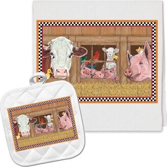 Barnyard Farm Animals Kitchen Dish Towel & Pot Holder Gift Set