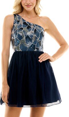 Juniors' Sequin One-Shoulder Mesh-Skirt Dress - Navy/Silver