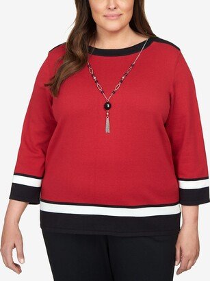 Plus Size Classics Border Stripe Boat Neck Sweater with Necklace