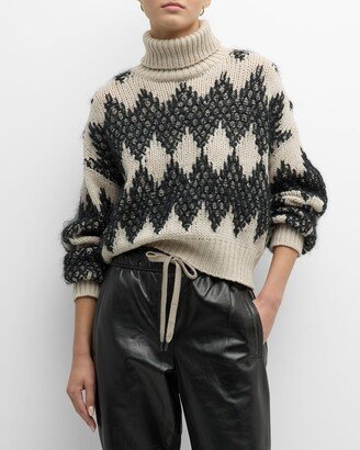 Cashmere Lace-Effect Winter Jacquard Knit Turtleneck