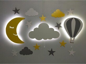 Set Of 3 Personalized Night Light, Nursery Room Cloud Children Lights, Baby Wood Light