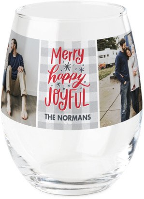 Stemless Wine Glasses: Merry Happy Joyful Printed Wine Glass, Printed Wine, Set Of 1, Gray