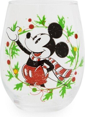 Silver Buffalo Mickey Mouse Christmas Wreath Stemless Wine Glass | Holds 20 Ounces