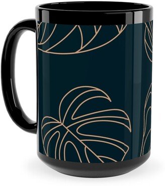 Mugs: Minimalist Monstera Leaves - Dark Ceramic Mug, Black, 15Oz, Blue