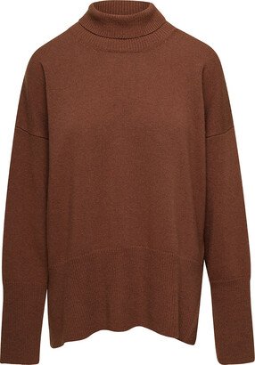 Brown Loose Sweater With Turtleneck And Ribbed Trim Woman