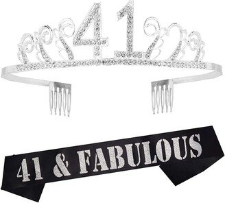 Meant2tobe 41st Birthday Sash and Tiara for Women - Glitter Sash with Waves Rhinestone Silver Metal Tiara, Perfect 41st Birthday Party Gifts and Accessories - Si