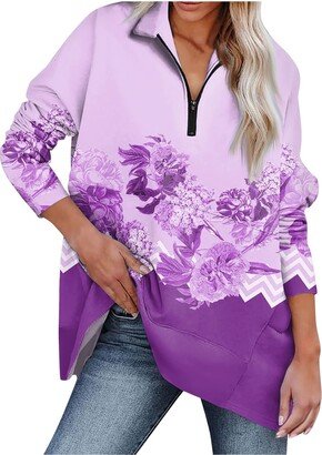 Generic Womens Sweatshirt Plus Size Retro Floral Print Loose Fit Sweatshirts Half Zip Sweatshirt Long Sleeve Pullover purple Large