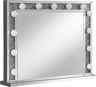 40 Inch Modern Glam Mirror, Wood Frame, Crystal Inlay, 13 Bulbs, Silver