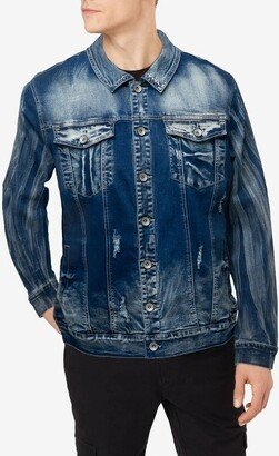 RAW X Men's Washed Ripped Distressed Flex Stretch Casual Trucker Biker Jean Jacket in BLUE Size X Large