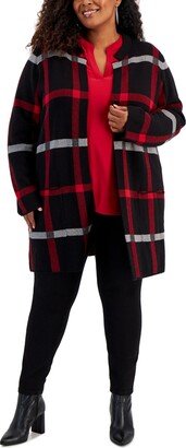 Plus Size Check-Print Mandarin-Collar Blazer - Black/Fire Red