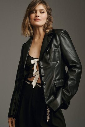 Faux Leather Velvet-Trimmed Blazer Jacket