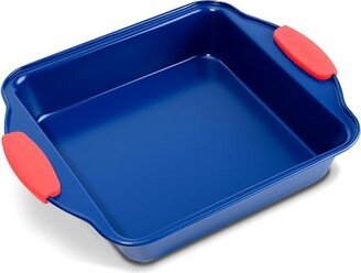 Non-Stick Square Pan - Deluxe Nonstick Blue Coating Inside and Outside with Red Silicone Handles