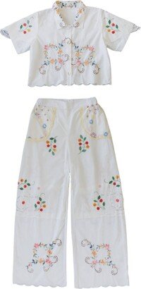 Sugar Cream Vintage Upcycled Subtle Floral Cross-Stitch Embroidered Crop Top & Pants Set