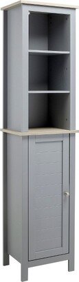 kleankin Tall Bathroom Storage Cabinet with 3 Tier Shelf, Cupboard, Door, Free Standing Linen Tower, Slim Side Organizer, Gray