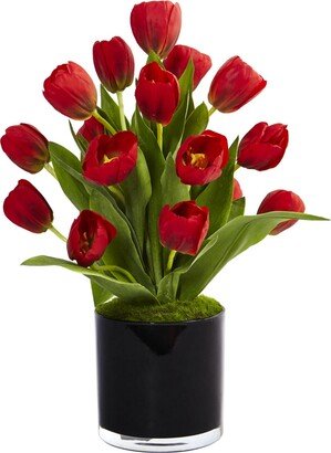 Tulips Silk Arrangement in Black Glossy Cylinder Vase