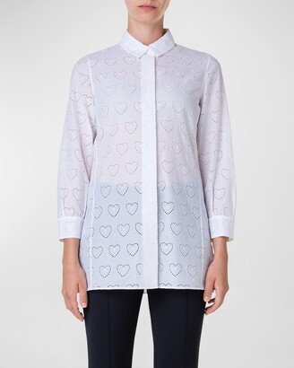 Heart Eyelet Embroidered Poplin Collared Tunic Blouse