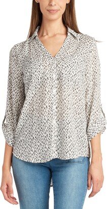 Juniors' Printed Collared Roll-Tab-3/4-Sleeve Top