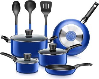 11 Piece Essential Home Heat Resistant Non Stick Kitchenware Cookware Set w/ Fry Pans, Sauce Pots, Dutch Oven Pot, and Kitchen Tools, Blue