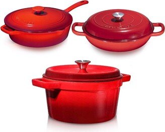 Red Enameled Cast Iron 3 Piece Bundle Gift Set: Braiser Pan, Dutch Oven, Chicken Fryer Ultimate Cookware, 2 Liters