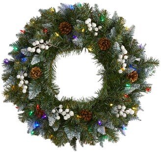 Snow Tipped Artificial Christmas Wreath with 50 Led Lights, Berries and Pine Cones