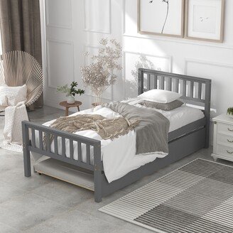 EYIW Twin Size Pine Wood Platform Bed with Twin Size Trundle Bed, Slat Design Headboard and Footboard