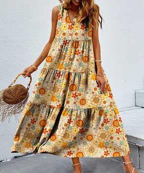 Orange & Yellow Floral Tiered V-Neck Sleeveless Maxi Dress - Women & Plus
