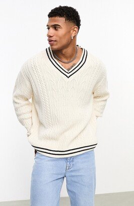 Tipped Oversize V-Neck Cable Knit Cricket Sweater