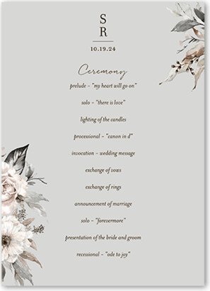 Wedding Program Cards: Neutral Florals Wedding Program, Grey, 5X7 Flat Program, Pearl Shimmer Cardstock, Scallop