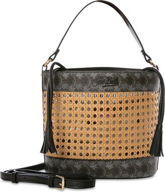 Straw Bucket Bag With Black Monogram Details