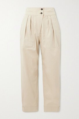 Cropped Pleated Organic Cotton-blend Twill Tapered Pants - Neutrals