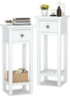 2PCS 2 Tier End Bedside Sofa Side Table with Drawer Shelf Acacia Wood Nightstand White