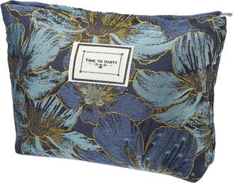 Unique Bargains Women's Canvas Floral Makeup Bag 10.63x7.95 Deep Blue 1 Pc