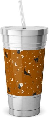 Travel Mugs: Halloween Black Cats - Orange Stainless Tumbler With Straw, 18Oz, Orange