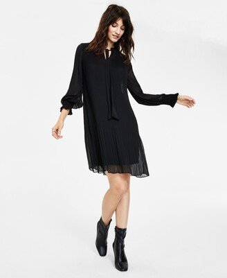 Petite Tie-Neck Smocked-Cuff Long-Sleeve Dress