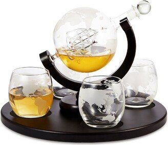 Berkware Globe Etched Whiskey Decanter Set with Interior Hand-Crafted Glass Ship - 28oz with 4 10oz Globe Glasses