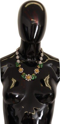 Gold Brass Margherite Crystal Flower Pendant Women's Necklace