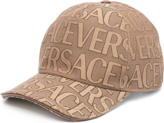 Beige Baseball Cap With All-over Logo Lettering Print In Canvas Man