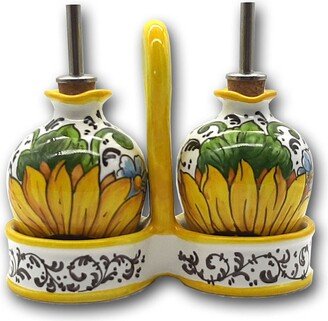 Italian Ceramic Olive Oil Vinigar Dispenser Bottles - Hand Painted Cruest Sunflower Design Made in Italy Tuscany Pottery-AA